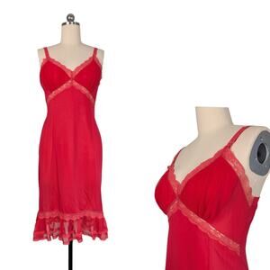 Vintage Slip Dress M Dark Pink Empire Lace Ruffle Fairy Retro 60s Delicate Midi